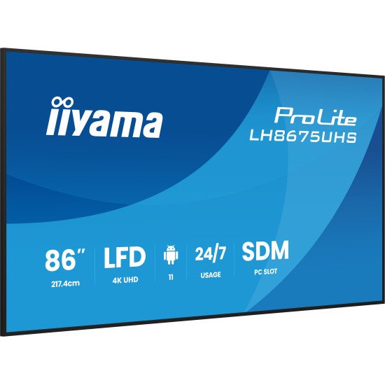 iiyama LH8675UHS-B2AG Écran d'affichage dynamique Écran plat de signalisation numérique 2,17 m (85.6") LCD Wifi 500 cd/m² 4K Ultra HD Noir Intégré dans le processeur Android 11 24/7 iiyama LH8675UHS-B2AG Écran d'affichage dynamique Écran plat de signalisation numérique 2,17 m (85.6") LCD Wifi 500 cd/m² 4K Ultra HD Noir Intégré dans le processeur Android 11 24/7