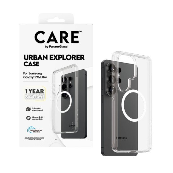 PanzerGlass CARE™ by ® Urban Explorer Case Transparent w. White Qi Samsung Galaxy S26 Ultra coque de protection pour téléphones portables Housse