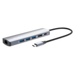 Manhattan Dock/hub USB-C, 6 ports : Ethernet, HDMI, 3x USB-A + USB-C, avec Power Delivery (PD) 100 W - nécessite un chargeur USB-C externe (non inclus). Alimenté par USB (aucune alimentation externe requise) lorsque le PD n'est pas utilisé