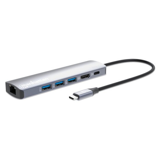Manhattan Dock/hub USB-C, 6 ports : Ethernet, HDMI, 3x USB-A + USB-C, avec Power Delivery (PD) 100 W - nécessite un chargeur USB-C externe (non inclus). Alimenté par USB (aucune alimentation externe requise) lorsque le PD n'est pas utilisé