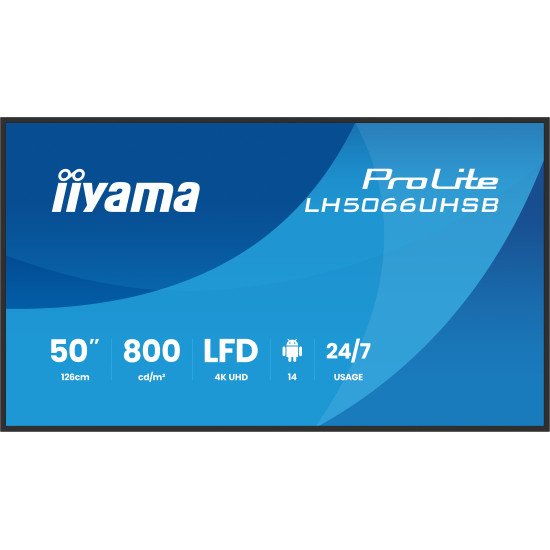 iiyama LH5066UHSB-B1AG Écran d'affichage dynamique Écran plat de signalisation numérique 127 cm (50") LCD Wifi 800 cd/m² 4K Ultra HD Noir Intégré dans le processeur Android 24/7