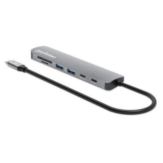 Manhattan Dock/hub USB-C avec lecteur de cartes, 5 ports : HDMI, 2x USB-A + 2x USB-C, avec Power Delivery (PD) 100 W - nécessite un chargeur USB-C externe (non inclus). Alimenté par USB (aucune alimentation externe requise) lorsque le PD n'est pas utilisé