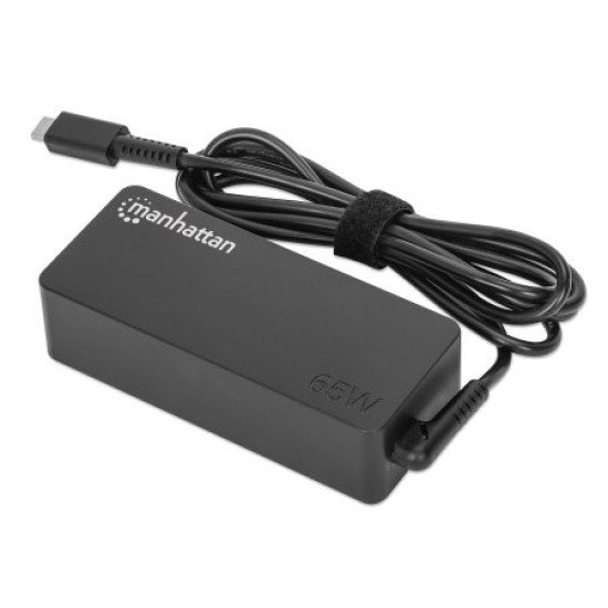 Manhattan Chargeur pour ordinateur portable USB-C Power Delivery 65 W, adaptateur secteur vers USB-C, tension universelle pour la plupart des ordinateurs portables, idéal en remplacement, avec câble secteur amovible et câble USB-C PD intégré, noir