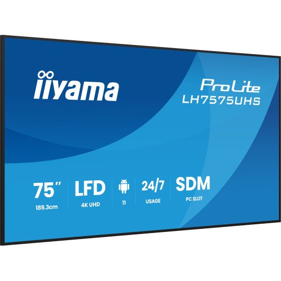 iiyama LH7575UHS-B2AG Écran d'affichage dynamique Écran plat de signalisation numérique 190,5 cm (75") LCD Wifi 500 cd/m² 4K Ultra HD Noir Intégré dans le processeur Android 11 24/7 iiyama LH7575UHS-B2AG Écran d'affichage dynamique Écran plat de signalisation numérique 190,5 cm (75") LCD Wifi 500 cd/m² 4K Ultra HD Noir Intégré dans le processeur Android 11 24/7