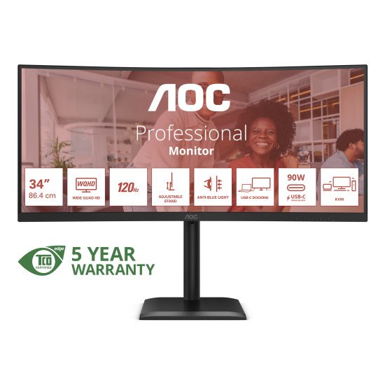 AOC E4 CU34E4CV écran PC 86,4 cm (34") 3440 x 1440 pixels UltraWide Quad HD LCD Noir
