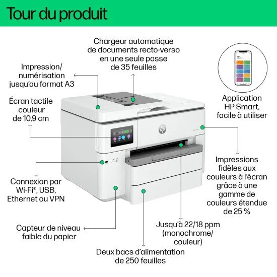 HP OfficeJet Pro Imprimante tout-en-un grand format HP 9730e, Couleur, Imprimante pour Petit bureau, Impression, copie, numérisation, HP+; Éligibilité HP Instant Ink; Sans fil; Impression recto-verso; Imprimer depuis un téléphone ou une tablette; Chargeur HP OfficeJet Pro Imprimante tout-en-un grand format HP 9730e, Couleur, Imprimante pour Petit bureau, Impression, copie, numérisation, HP+; Éligibilité HP Instant Ink; Sans fil; Impression recto-verso; Imprimer depuis un téléphone ou une tablette; Chargeur