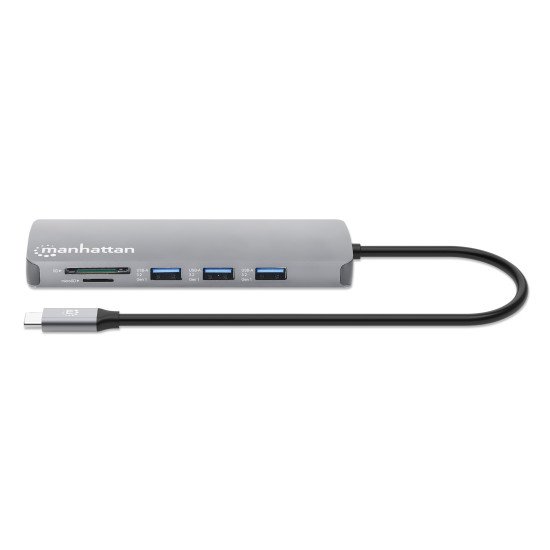 Manhattan Dock/hub USB-C avec lecteur de cartes, 7 ports : Ethernet, HDMI, 3x USB-A + 2x USB-C, avec Power Delivery (PD) 100 W - nécessite un chargeur USB-C externe (non inclus). Alimenté par USB (aucune alimentation externe requise) lorsque le PD n'est p