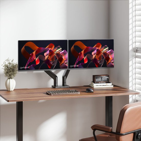 Manhattan Support de bureau double pour TV/moniteurs (bras à ressort à Bras articulé), écrans 13" à 45", fixation à l'arrière par pince ou passe-câble, Compatibilité VESA : 75x75 et 100x100 mm (vérifiez les dimensions des quatre trous de fixatio