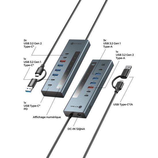ICY BOX Hub 9-en-1 avec Power Delivery et connexion hôte Type-C/Type-A