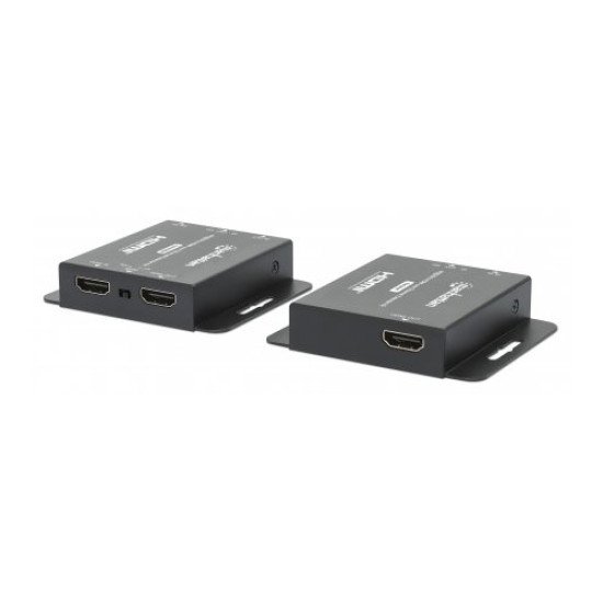Manhattan Kit d'extension HDMI 4K sur Ethernet, étend 4K@30 Hz jusqu'à 40 m ou 1080p@60 Hz jusqu'à 70 m via câble Cat6, émetteur et récepteur, alimentation par câble (PoC), noir, garantie de 3 ans