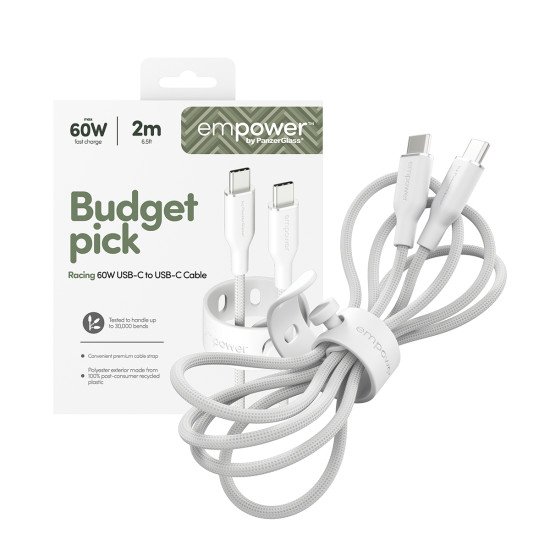 PanzerGlass empower by ® Racing 60W USB-C to USB-C Cable | USB 2.0 | 2M | Silver White câble USB Blanc