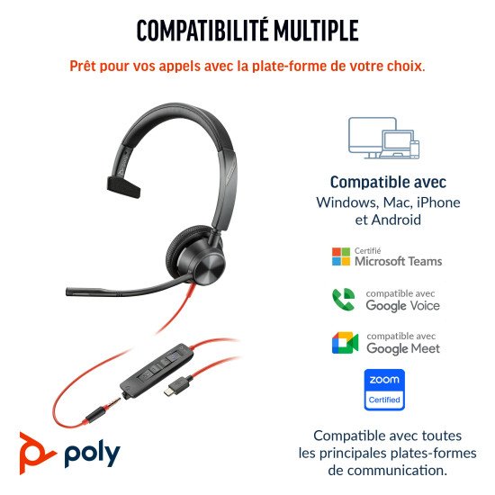 POLY Micro-casque Blackwire 3315 monaural USB-C + connexion 3,5 mm + adaptateur USB-C/A