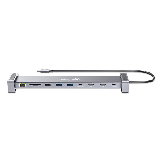 Manhattan Dock/hub USB-C avec lecteur de cartes et MST, 7 ports : Ethernet, 2x HDMI 4K@60Hz, 3x USB-A + USB-C, avec PD 100W - nécessite un chargeur USB-C externe (non inclus). Alimenté par USB (aucune alimentation externe requise) lorsque le PD n'est pas 