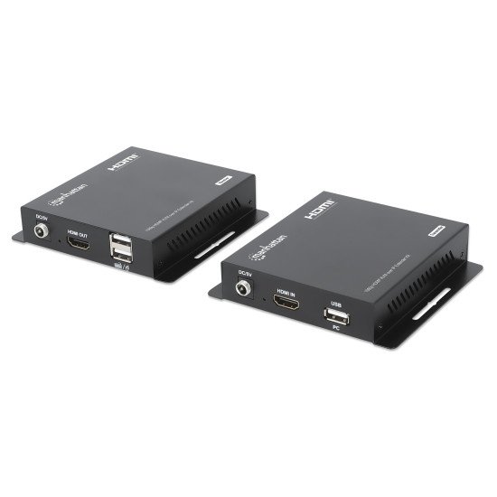 Manhattan Kit d'extension KVM HDMI 1080p sur IP, étend le signal 1080p@60 Hz jusqu'à 120 m via câble Ethernet Cat6 ou réseau IP, émetteur et récepteur, ports USB-A pour PC, souris et clavier, noir, garantie de 3 ans