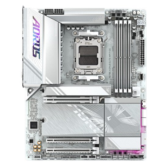 GIGABYTE X870E AORUS ELITE WIFI7 ICE Carte mère - Prend en charge les processeurs AMD Ryzen 9000, VRM numérique 16+2+2 phases, jusqu'à 8200 MHz DDR5 (O.C.), 3x PCIe 5.0 + 1x PCIe 4.0, Wi-Fi 7, LAN 2.5 GbE, USB 4 GIGABYTE X870E AORUS ELITE WIFI7 ICE Carte mère - Prend en charge les processeurs AMD Ryzen 9000, VRM numérique 16+2+2 phases, jusqu'à 8200 MHz DDR5 (O.C.), 3x PCIe 5.0 + 1x PCIe 4.0, Wi-Fi 7, LAN 2.5 GbE, USB 4