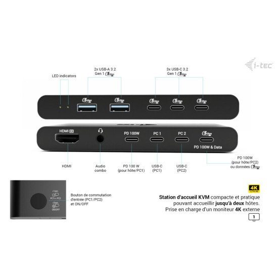 i-tec KVM Docking Station HDMI for 2 hosts, Power Delivery 2x 100W
