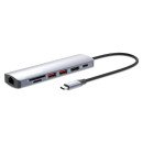 Manhattan Dock/hub USB-C avec lecteur de cartes, 5 ports : Ethernet, HDMI, 2x USB-A + USB-C, avec Power Delivery (PD) 100 W - nécessite un chargeur USB-C externe (non inclus). Alimenté par USB (aucune alimentation externe requise) lorsque le PD n'est pas 