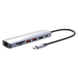 Manhattan Dock/hub USB-C avec lecteur de cartes, 5 ports : Ethernet, HDMI, 2x USB-A + USB-C, avec Power Delivery (PD) 100 W - nécessite un chargeur USB-C externe (non inclus). Alimenté par USB (aucune alimentation externe requise) lorsque le PD n'est pas 
