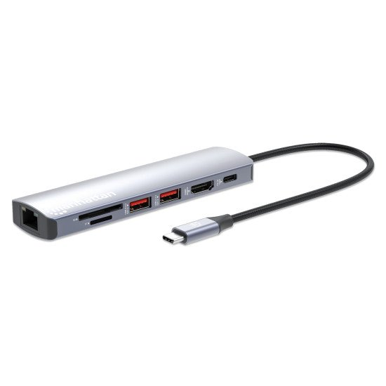 Manhattan Dock/hub USB-C avec lecteur de cartes, 5 ports : Ethernet, HDMI, 2x USB-A + USB-C, avec Power Delivery (PD) 100 W - nécessite un chargeur USB-C externe (non inclus). Alimenté par USB (aucune alimentation externe requise) lorsque le PD n'est pas 