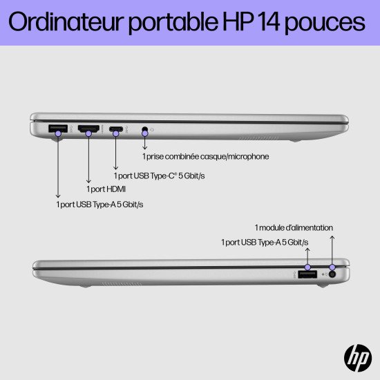 HP 14-ep0752nb Intel® Core™ i5 i5-1334U Ordinateur portable 35,6 cm (14") Full HD 8 Go DDR4-SDRAM 512 Go SSD Wi-Fi 6 (802.11ax) Windows 11 Home Argent