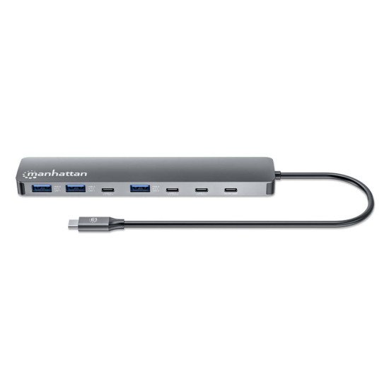 Manhattan Dock/hub USB-C, 7 ports : 3x USB-A + 4x USB-C, Pavec Power Delivery (PD) 100 W - nécessite un chargeur USB-C externe (non inclus). Alimenté par USB (aucune alimentation externe requise) lorsque le PD n'est pas utilisé, aluminium