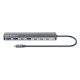 Manhattan Dock/hub USB-C, 7 ports : 3x USB-A + 4x USB-C, Pavec Power Delivery (PD) 100 W - nécessite un chargeur USB-C externe (non inclus). Alimenté par USB (aucune alimentation externe requise) lorsque le PD n'est pas utilisé, aluminium