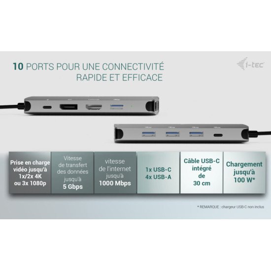 i-tec USB-C Metal Nano 3x Display (DP, HDMI and VGA) Docking Station + Power Delivery 100 W