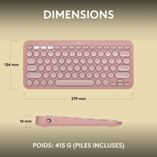 Logitech Pebble Keys 2 K380s clavier RF sans fil + Bluetooth AZERTY Français Rose
