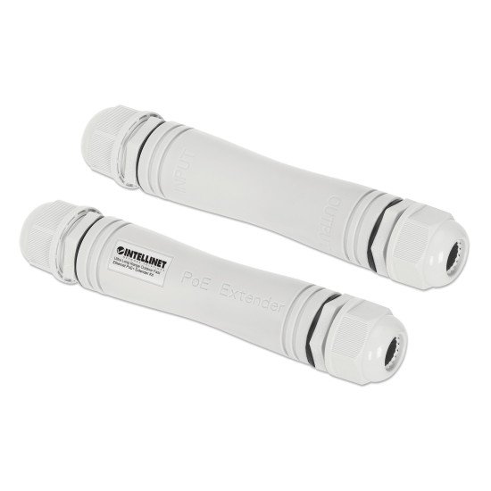 Intellinet Kit extendeur PoE+ extérieur très longue portée Fast Ethernet, étend le PoE jusqu'à 1000 m, 1 port PD jusqu'à 95 W, compatible IEEE 802.3bt (4PPoE), IP67, lot de 2 modules, plastique, gris, Alimentation par Ethernet, Power Over Ethernet, garant