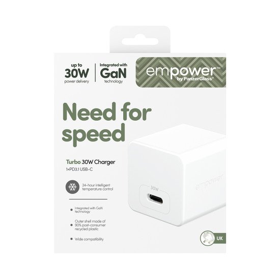 PanzerGlass empower™ by ® Turbo 30W Charger Single USB-C | UK Plug | Silver White Blanc
