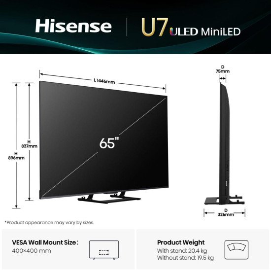 Hisense 65U7Q 165,1 cm (65") 4K Ultra HD Smart TV Wifi Noir 500 cd/m²