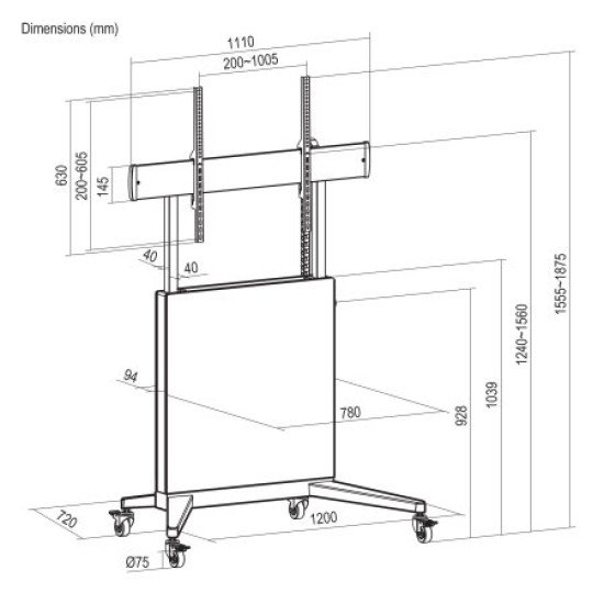 Manhattan Support trolley pour téléviseurs et moniteurs de 60 à 100 pouces, hauteur réglable sans outil de 1240 à 1560 mm, VESA 200x200 à 1000x600 mm, charge max. 80 kg, vérifiez les quatre trous de montage au dos de l'écran