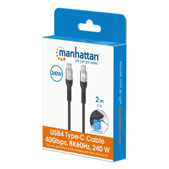 Manhattan Câble USB-C vers USB-C haute vitesse (240 W), 2 m, charge ordinateur portable + données et vidéo rapides, compatible tous PC portables (un chargeur mural USB-C de 240 W supplémentaire est nécessaire), transferts jusqu'à 40 Gbit/s, noir, garantie