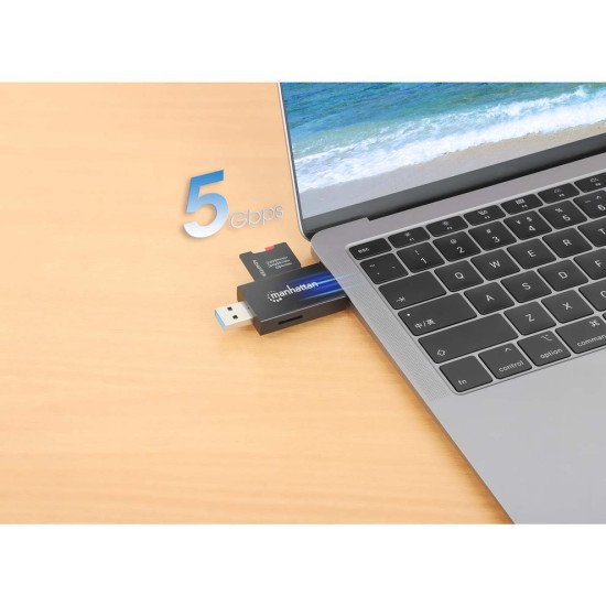 Manhattan Lecteur/enregistreur de cartes multiformat USB-A/USB-C, 5 Gbps (USB 3.0), connecteur mâle vers emplacements microSD et SD/MMC, format mini, compatible avec Windows ou Mac, noir/translucide, garantie de 3 ans
