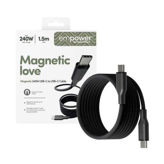 PanzerGlass empower by ® Magnetic 240W USB-C to USB-C Cable | USB 2.0 | 1.5M | Space Black Protection d'écran transparent Universel 1 pièce(s)