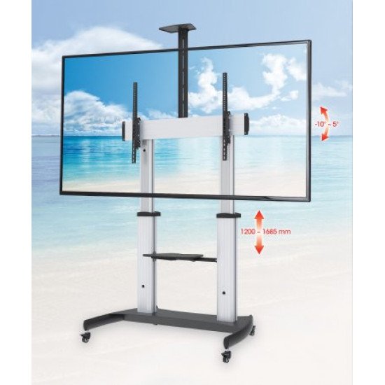 Manhattan Chariot pour TV/moniteurs, écrans 60"–100", Compatibilité VESA : de 200x200 à 800x600 mm (vérifiez les dimensions des quatre trous de fixation à l'arrière), charge max. 100 kg, hauteur 1200–1685 mm, LFD, support