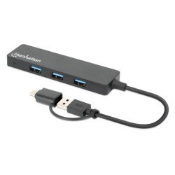 Manhattan Dock/hub combo USB-C & USB-A, 4 ports : 4x USB-A, 5 Gbit/s (USB 3.0), Alimenté par USB (aucune alimentation externe requise)