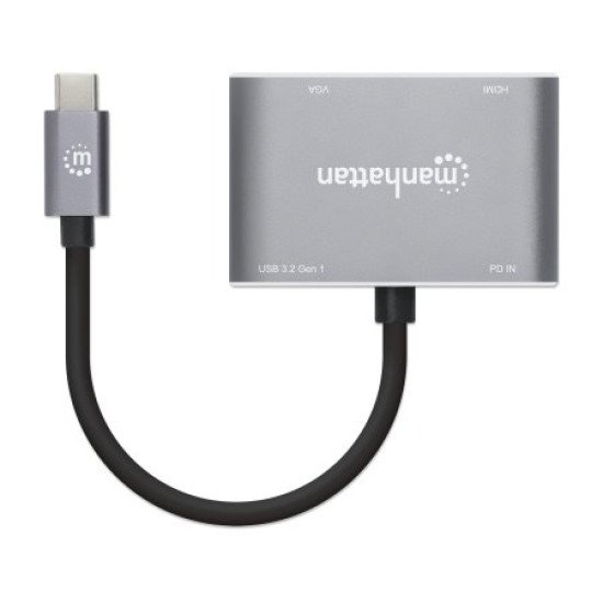 Manhattan Dock/hub USB-C, 4 ports : HDMI, USB-A, USB-C et VGA, avec Power Delivery (PD) 87 W - nécessite un chargeur USB-C externe (non inclus). Alimenté par USB (aucune alimentation externe requise) lorsque le PD n'est pas utilisé, aluminium