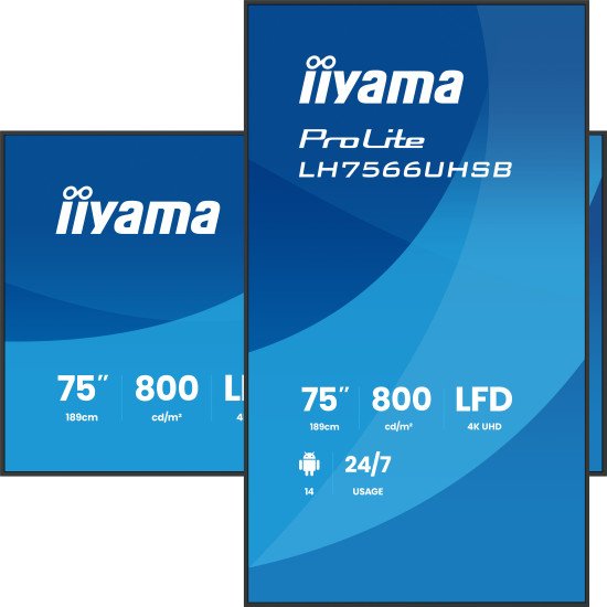 iiyama LH7566UHSB-B1AG Écran d'affichage dynamique Écran plat de signalisation numérique 190,5 cm (75") LCD Wifi 800 cd/m² 4K Ultra HD Noir Intégré dans le processeur Android 24/7