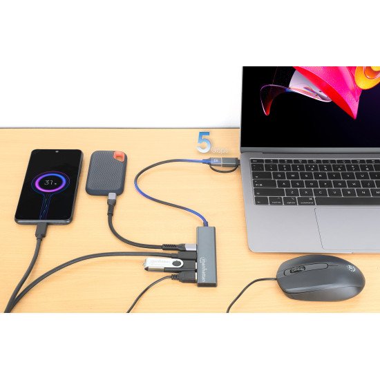 Manhattan Dock/hub combo USB-C & USB-A, 4 ports : 2x USB-A + 2x USB-C, 5 Gbit/s (USB 3.0), Alimenté par USB (aucune alimentation externe requise), aluminium