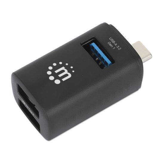Manhattan Hub USB-C 3 ports ultra compact, 3x USB-A (1x 5 Gbit/s USB 3.0 + 2x 480 Mbit/s USB 2.0), Alimenté par USB (aucune alimentation externe requise)