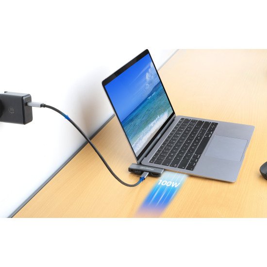 Manhattan Dock/hub de voyage USB-C, 4 ports : HDMI, USB-A, USB-C et audio 3,5 mm, avec Power Delivery (PD) 100 W - nécessite un chargeur USB-C externe (non inclus). Alimenté par USB (aucune alimentation externe requise) lorsque le PD n'est pas utilisé