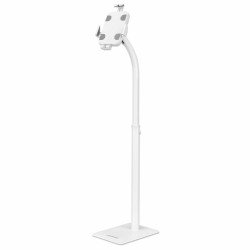 Manhattan Support de sol antivol pour tablette et iPad, universel, rotation 360°, inclinaison +20° à -110°, verrouillable, blanc, pour tablettes 7,9"–11", hauteur réglable 790 à 1190 mm, fixation à l'arrière au sol possible