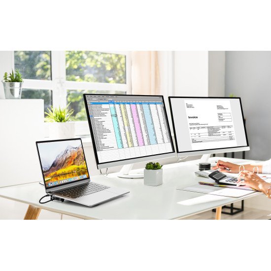 Manhattan Dock/hub USB-C avec lecteur de cartes et MST, 7 ports : Ethernet, 2x HDMI 4K@60Hz, 3x USB-A + USB-C, avec PD 100W - nécessite un chargeur USB-C externe (non inclus). Alimenté par USB (aucune alimentation externe requise) lorsque le PD n'est pas 