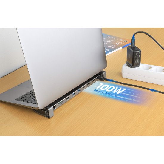 Manhattan Dock/hub USB-C avec lecteur de cartes et MST, 7 ports : Ethernet, 2x HDMI 4K@60Hz, 3x USB-A + USB-C, avec PD 100W - nécessite un chargeur USB-C externe (non inclus). Alimenté par USB (aucune alimentation externe requise) lorsque le PD n'est pas 