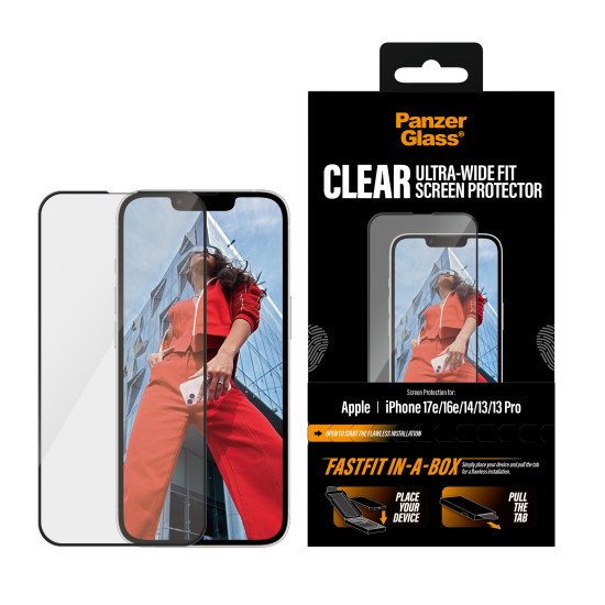 PanzerGlass ® Screen Protector iPhone 17e | 16e | 14 | 13 | 13 Pro | Ultra-Wide Fit w. Fastfit in-a-box Protection d'écran transparent Apple 1 pièce(s)