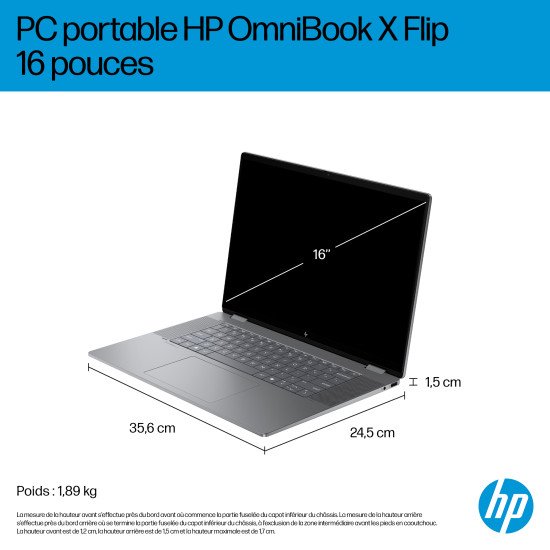 HP OmniBook X FlipNGAI 16-ar0771nb Copilot+ PC AMD Ryzen AI 7 350 Hybride (2-en-1) 40,6 cm (16") Écran tactile 2K 16 Go LPDDR5x-SDRAM 1 To SSD Wi-Fi 6E (802.11ax) Windows 11 Home Argent