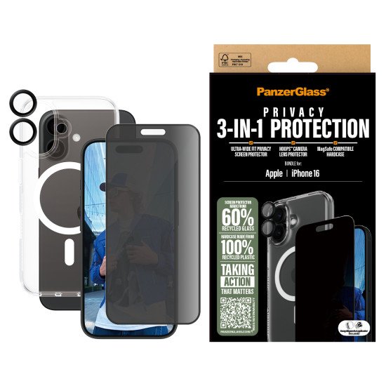 PanzerGlass ® 3-in-1 Privacy Protection Bundle iPhone 16 Protection d'écran transparent Apple 1 pièce(s) PanzerGlass ® 3-in-1 Privacy Protection Bundle iPhone 16 Protection d'écran transparent Apple 1 pièce(s)