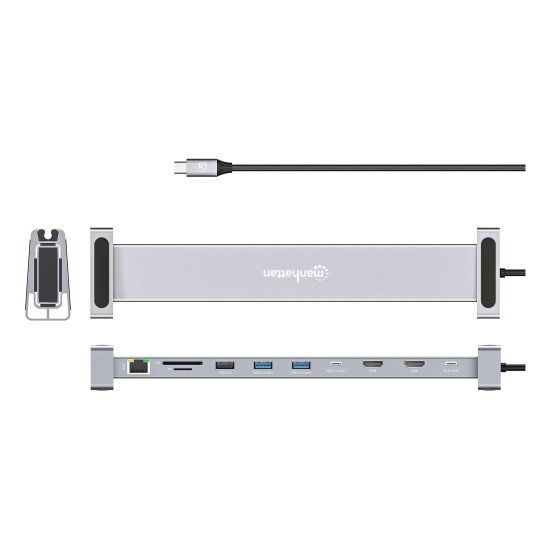 Manhattan Dock/hub USB-C avec lecteur de cartes et MST, 7 ports : Ethernet, 2x HDMI 4K@60Hz, 3x USB-A + USB-C, avec PD 100W - nécessite un chargeur USB-C externe (non inclus). Alimenté par USB (aucune alimentation externe requise) lorsque le PD n'est pas 
