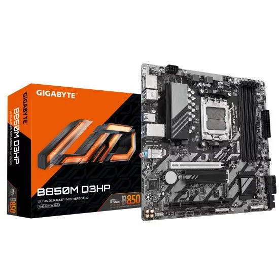 GIGABYTE B850M D3HP Carte Mère - Processeurs AMD Ryzen Série 9000, 5+2+2 phases VRM numériques, jusqu'à 8200MHz DDR5 (OC), 1xPCIe 5.0 + 1xPCIe 4.0 M.2, LAN GbE, USB 3.2 Gen 2 GIGABYTE B850M D3HP Carte Mère - Processeurs AMD Ryzen Série 9000, 5+2+2 phases VRM numériques, jusqu'à 8200MHz DDR5 (OC), 1xPCIe 5.0 + 1xPCIe 4.0 M.2, LAN GbE, USB 3.2 Gen 2